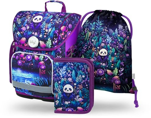 Baagl Schulranzen Jungen Mädchen Set 3 Teilig - Jungle Panda | Ergonomischer Grundschule Tornister mit Brustgurt, reflektierenden Elementen und verstellbarem Rückensystem.