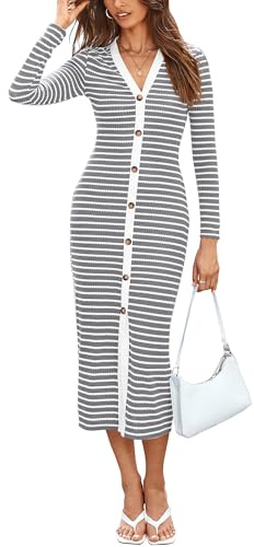 BTFBM Robe décontractée à Manches Longues pour Femme - Robe d'automne 2024 en Tricot côtelé avec Boutons décoratifs
