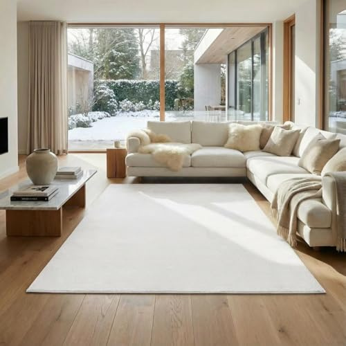 Jimri Flauschiger Teppich Läufer - Hochwertiger Kurzflor für Zuhause, Büro, Küche, Eingang, Flur, Wohnzimmer - Maschinenwaschbar - Rutschfester Teppich Waschbar - 160x220 cm - Cream_Weiß