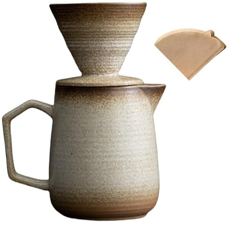 HYAXGM Pour Over Coffee Maker,Ceramic Coffee Maker With 100 pcs V60 Paper Filter，16oz/480ml Pour Over Coffee Dripper (Off White)