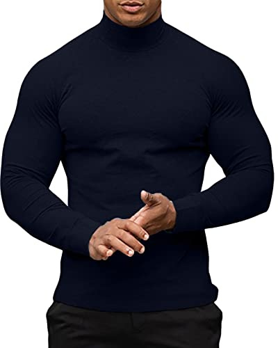 PRIVIMIX Haut thermique à manches longues pour homme - Sous-vêtement - Col roulé - Coupe ajustée - Décontracté - Coton, bleu foncé, L