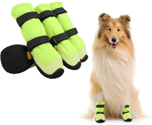 Dopoy Hundeschuhe,4 Stück Hundeschuhe Pfotenschutz, Kurzer Stil wasserdichte Hundeschuhe Mit Rutschfester Gummisohle und reflektierenden Riemen, Atmungsaktiv Hundestiefel, Dog Shoes (Grün, 5#)