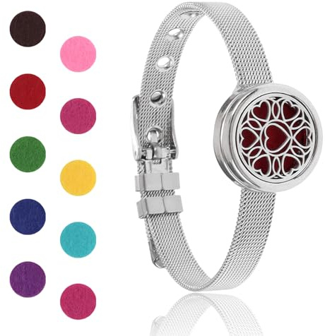 Diffusor-Armband für ätherische Öle, Aromatherapie-Medaillon, verstellbar, Edelstahl, Herz-Uhr-Kette, Armband mit 10 Nachfüllpads für Frauen