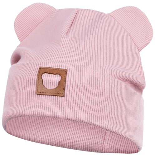 Smarilla Mütze Übergangsmütze Junge Mädchen Herbstmütze Frühlingsmütze Beanie Ohren gerippt, Größe: 46-48, Farbe: Altrosa