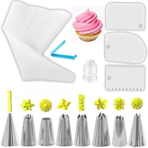 EIYVPRA Juego de Mangas Pasteleras, 1 Manga Pastelera Reutilizable, 8 Boquillas, 1 Acoplador, 3 Rascadores Para Decoración de Tartas, Accesorios Para Tartas, 1 Pinza de Sujeción Para Tartas, Pasteles