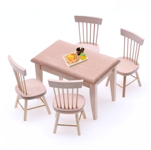 Quintrost 10 Stück Mini Tisch und Stuhl Ornamente, 1:12 Puppenhaus Schreibtischstuhl Set mit Miniatur Harz Lebensmittel Pommes, Holz Simulierter Tisch Mini Möbel Modell Zubehör (Holzfarbe)