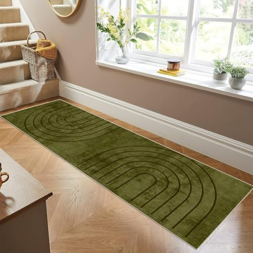 Siunwdiy Alfombra de Pasillo Larga 1.4 Metros Verde Oliva Alfombra Cocina Lavable Antideslizante Alfombra Pasillo Entrada Pasillo Larga Alfombra Hall para Cocina Puerta,Patrón Moderno，40x140cm