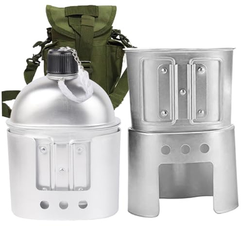 Peosaard Set de Cantina y Copa Militar de Acero Inoxidable, Militar de Cantina portátil con Taza y cinturón de Cintura de Cubierta de Nylon Verde para Acampar