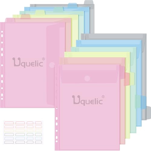 Uquelic 12-pack A4-plastplånböcker, stansade fickor för pappersarbete, dokumentfodral, A4-organiseringsmappar, plasttryckplånböcker för hemmakontoret (makaronfärg)