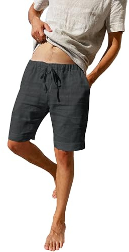 LVCBL Men's Dark Gray Linen Blend Casual Shorts - Drawstring Beach Shorts with Pockets for Summer Dark Gray L