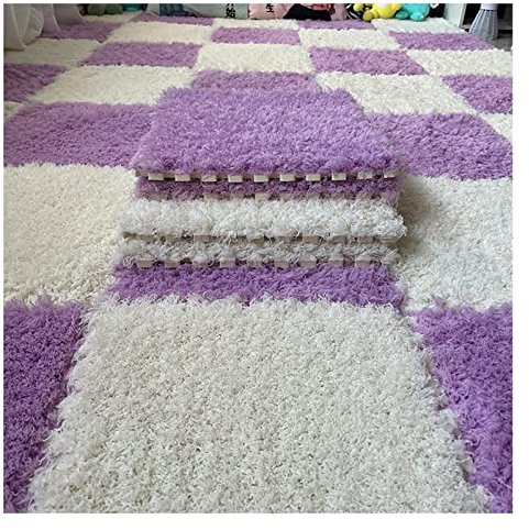 Weiche ineinandergreifende Plüsch-Teppichfliesen, flauschige Teppiche für Zuhause, Wohnzimmer, Schlafzimmer, rutschfest, lila und weiß, 10 Stück