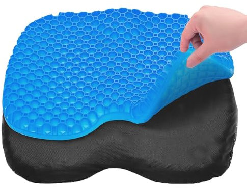 JOAASU Gel Sitzkissen, Gel Sitzkissen Orthopädisch, Doppelt Dickes Gelkissen, mit Rutschfester Stoffhülle, Waben-Design, für Auto, Büro, Zuhause, Rollstuhl und Stuhl (Schwarz, Blau)