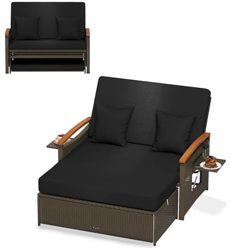 COSTWAY Tumbona Jardin de Ratan 2 Plazas, Tumbona Reclinable con Respaldo Ajustable de 4 Niveles, Sofa Exterior con Reposapiés de Almacenamiento, Cama Terraza Bandejas Laterales Retráctiles