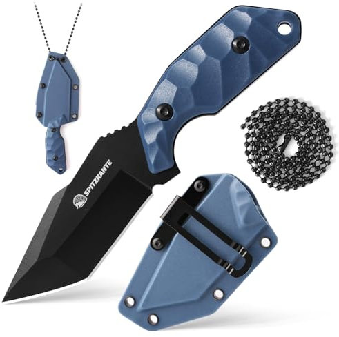 SPITZKANTE Neck Knife X-TAN-K, petit couteau Tanto Full Tang avec lame en acier 5Cr14MoV de 7,8 cm, couteau fixe EDC Outdoor avec étui ABS, chaîne à boules, manche noir-bleu