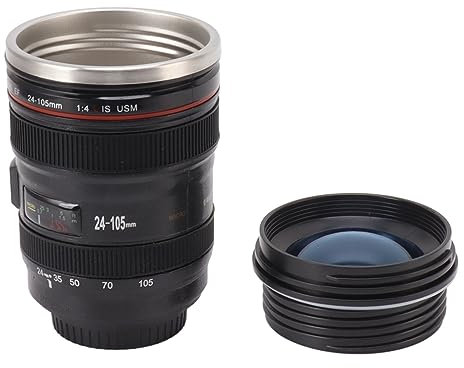 Baxnore Camera Lens Coffee Mug, Stainless Steel Photographer, 400 ml Thermal Cup with ABS Cover, Office Studio Photography Accessory