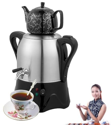 QINPI Electric Turkish Tea Maker, Stainless Steel 2000W Double Pot Kettle & Infuser, 3L Stainless Steel Teapot, 1L Ceramic Teapot, with Keep Warm Function, for Coffee, Scented Tea, Turkish Tea