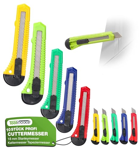 ToolSpace 10 Stück Cuttermesser Set 18 mm 10x Teppichmesser Scharfe Klinge Robustes Profi Cutter Messer Stanleymesser Kattermesser Tapeziermesser Besser als Einweg Stanley Messer mit Abbrechklinge