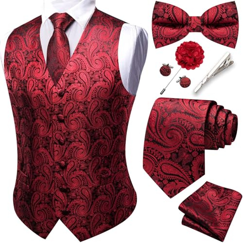 Barry.Wang Chaleco de cachemira para hombre, conjunto de corbata, corbata, pañuelo y gemelos de solapa para boda, 8 unidades, Cachemira roja, S