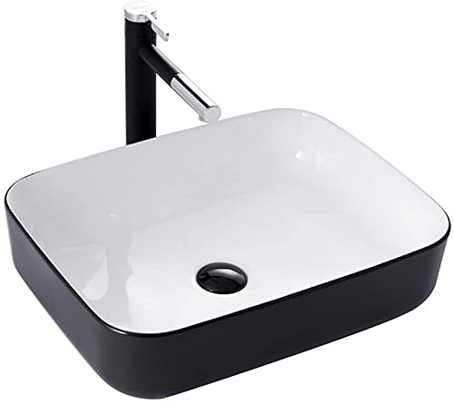 XSMYdpuk Vasque à Poser Ovale en céramique Moderne pour Salle de Bain, 50 x 40 x 13,5 cm, Noir et Blanc.