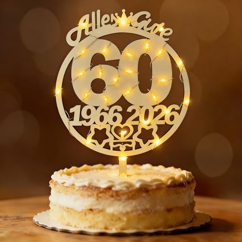 Tortendeko 60 Geburtstag Frau Mann 1966-2026, Seutgjie Deko 60. Geburtstag Jubiläum Hochzeitstag Cake Topper Diamantene Hochzeit Holz mit LED Lichterkette Tortenaufleger Blumenstecker