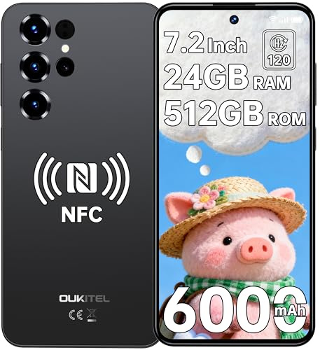 OUKITEL C68 7.2 Display Mobile phones - Android 15 Smartphone, 24GB RAM+512GB ROM+1TB Expansion, 6000mAh Battery, 64MP Camera, 4G Dual SIM-Free & Unlocked Phones/Fingerprint/NFC/GPS/BT5.0, 2026,Black