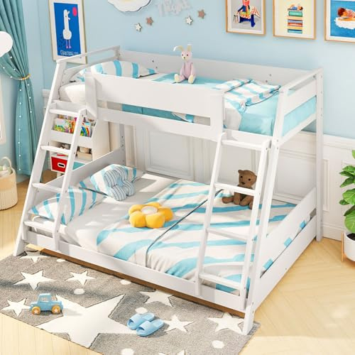 COSTWAY Wood Bunk Bed, Single over Double Loft Bed Frame with 2 Ladders, Safety Guardrails, Space-Saving High Sleeper Beds for Kids Teens Adults (White)