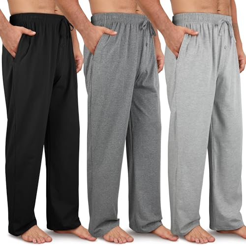 Wenouy 3 Pack Men's Cotton Pajama Pants Soft Pjs Lounge Bottoms with Pockets & Elastic Waist Sleepwear for Men X-Large, Black, Light Gray, Gray, Navy Blue