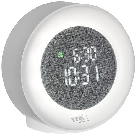TFA Dostmann Digitaler Lichtwecker mit LED-Ziffern, 60.2047, Nachtlicht & Aufwachlicht, mit Datumsanzeige, Stoffbezug, netzbetrieben, Weckalarm mit Snooze-Funktion, weiß