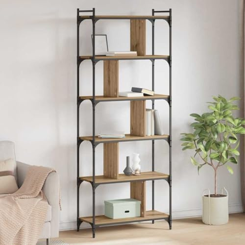 Owoxanthellate Bücherregal Artisan Eiche 76 x 32 x 192 cm Standregal mit 10 Staufächern Massiver Metallrahmen Modernes Design Wohnzimmer Flur Büro