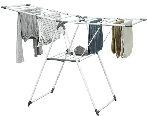HOMCOM Wäscheständer Faltbarer Standtrockner 156,5x61,5x97cm Weiß | 2 Ebenen, Verstellbare Flügel, Flügelwäscheständer, Wäschetrockner, für Innen und Außen