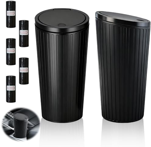 VAGCARS 2 PCS Car Trash Can Bin with Lid, Mini & Portable Car Bin | Leakproof Auto Garbage Can Cup Holder with 5 Roll Trash Bags, Universal for Automotive Office Home Kitchen