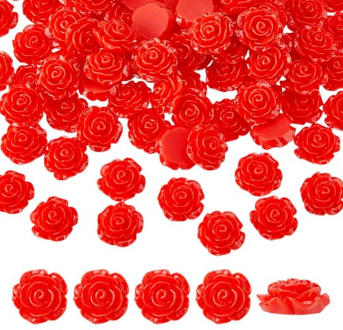 DICOSMETIC 80 Stück Harz Rosen Blüten Perlen Flachrückig Rosen Blüten Anhänger Ohne Loch Rote Gravierte Rosen Perlen Deckende Blüten Cabochons für DIY Scrapbooking Verzierung Schmuckherstellung