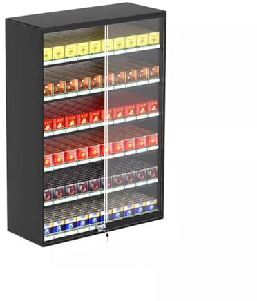 Cigarettdisplayställ, väggmonterad hållare med lås, skjutdörrskåp, automatisk cigarettpusher för organiserad förvaring och enkel åtkomst