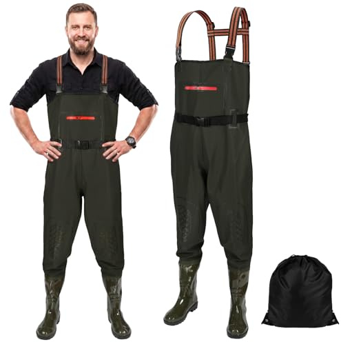 AUYAO Pêche Cuissardes Waders pour Hommes Femmes, Cuissardes de Pêche avec Bottes, Poche Étanche et Ceinture, Waders de Poitrine Étanches, Crosswater de Chasse Pêche Fermes, 43