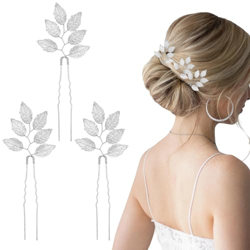 Lot de 3 Épingles à Cheveux Feuille d'Argent, Accessoires Cheveux Mariage pour Mariée et Demoiselles d'Honneur, Bijoux de Tête en Métal pour Coiffures de Soirée et Cérémonie (Argenté)