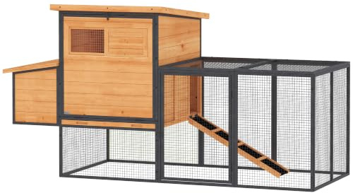 PawHut XXL Hühnerstall aus Holz und Stahl für 3-5 Hühner mit großem Auslauf, Dach zum Öffnen, Legenest und Kotschublade – Gartenhaus für Hühner, 192 x 81,5 x 104 cm, Orange