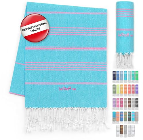 LeStoff Hamamtuch Strandtuch, 100% Bio-Baumwolle, 95x180 cm, Aqua/Pink | Reisehandtuch, Badetuch, Liegetuch und großes Handtuch – leicht, kompakt, sandfrei, saugstark und schnelltrocknend