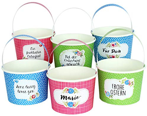 Papierdrachen 6 süße Osternester zum Befüllen - Bunte Becher in grün, pink und blau als Osterkörbchen mit Henkel und Sticker - Komplettset aus Pappe - Osterdeko