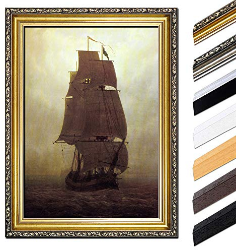 Bilderdepot24 Bild mit Rahmen - Caspar David Friedrich Segelschiff 85x110 cm - Gerahmtes Leinwandbild Alte Meister - Antiker Rahmen Gold Barock, Klassisch