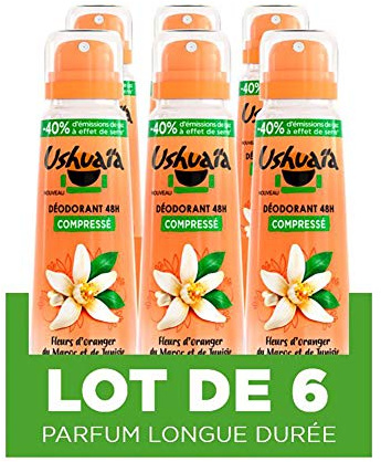 Ushuaïa - Déodorant Compressé 48h - Fleurs d'Oranger du Maroc et de Tunisie - Parfum Longue Durée - Tous Types de Peaux - 100 ml - Lot de 6 | Efficacité anti-odeurs 48h, Peau douce et apaisée, Format compressé équivalent 200ml, Tous types de peaux