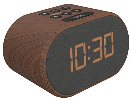 i-box Alarm Clocks Bedside, Radio Alarm Clock, Mains Powered or Battery, FM Radio, USB Charging Port, 5 Step Dimmable Display, Non Ticking, LED Display (Wood)