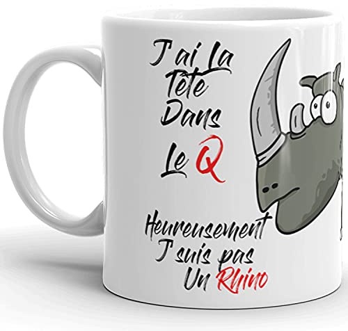 Kalféa Mug Humour j'ai la tête dans le Q j'suis pas un rhino tasse céramique amour drôle Qualité Idée Cadeau Originale Anniversaire Noël Fête femme homme famille ami collegue 325ml
