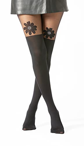 Gi&Gi Collant Donna con Design a Cuore, Calze Eleganti in Nylon, Nero, Motivo Mock Over-Knee (IT, Testo, L, XL, Regular, Regular, Girasole di design nero)