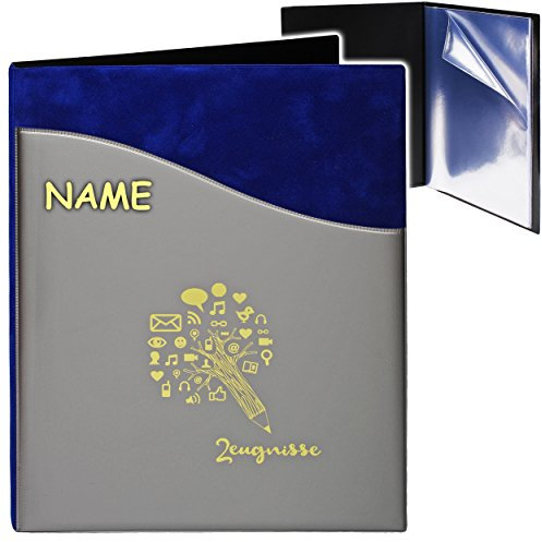 alles-meine.de GmbH A4 - Zeugnismappe/Dokumentenmappe - Zeugnisse Stift & Wissen - 3D Samt Velours & Kunst-Leder Effekt - blau/grau - inkl. Name - GEBUNDEN mit 20 f..