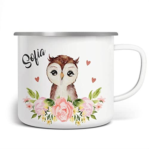 miKalino Emaille Tasse Eule personalisiert mit Namen | handbedruckt in Deutschland, Farbe:weisssilber, Grösse:300ml