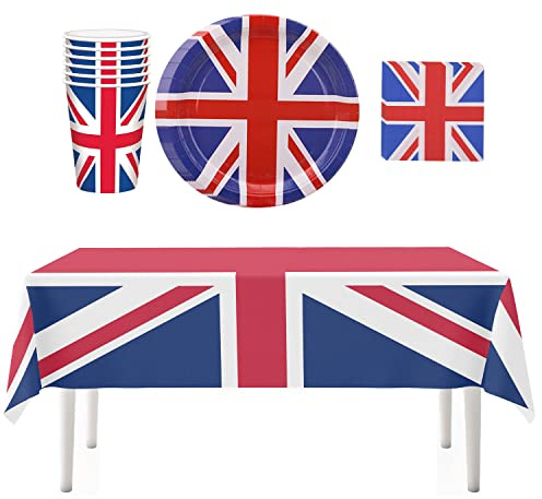 WedDecor Union Jack Table Cover Plate Napkin Cup Serviettes Tableware King Charles III Birthday Party Supplies for Sporting Events BBQ Pub Royal Theme Parties, 46pcs Set