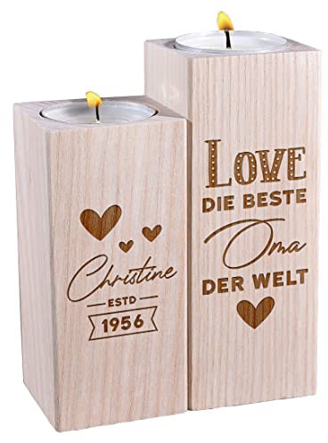 Teelichthalter 2er-Set aus Holz mit Wunschgravur - Motiv: Die beste Oma - individuelle Geschenkidee - Tischdeko, Deko - Naturprodukt aus Echtholz - Geburtstag, Weinachten - Oma, Großmutter