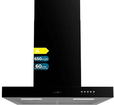 Cecotec Hotte Aspirante 60cm Bolero Flux TM 606500 Black A. 165W Motor, Decorative with Stainless Steel Finish, 650m3/h Suction, Mechanical Control, 3 Power Levels, Light, and Carbon Filter