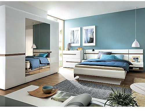 Lomadox Schlafzimmer Komplett Set mit 160cm Bett und 4-türigem Kleiderschrank in weiß Hochglanz mit Trüffel Eiche Nb.