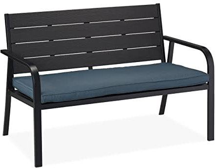 Relaxdays Gartenbank mit Sitzkissen, Holzoptik, HBT: 78 x 118 x 66 cm, 2 Sitzer, stabile Balkonbank, schwarz/anthrazit